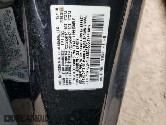 2011 Honda Odyssey EX with VIN 5FNRL5H45BB033535, listed as a Copart auction lot 54367835 with 227,379 mi miles and Clean Title. Bid and sale history available at carsss.com. Image 13.