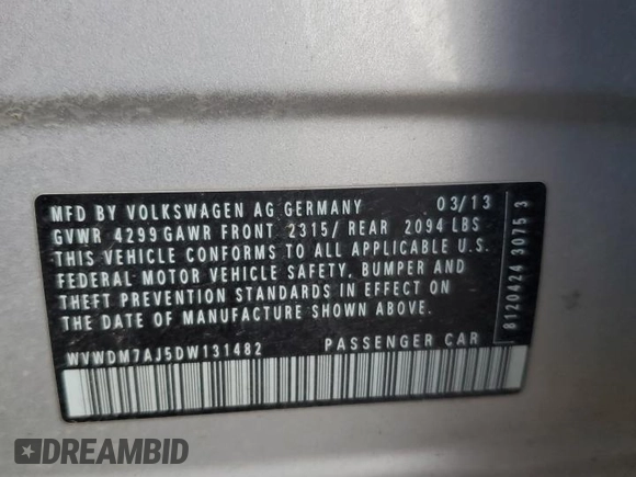 2013 Volkswagen Golf TDI with VIN WVWDM7AJ5DW131482, listed as a Copart auction lot 46535845 with 154,904 mi miles and Salvage title. Bid and sale history available at DreamBid. Image 13.