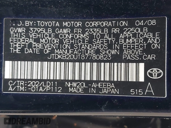 2008 Toyota Prius z VIN JTDKB20U187780823, wystawiony jako IAAI lot #42288104 z przebiegiem Nie podano mil oraz . Historia ofert i sprzedaży dostępna na DreamBid. Obrazek 9.