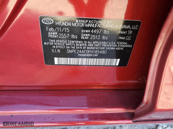 2015 Hyundai Sonata 2.4L SE with VIN 5NPE24AF0FH185480, listed as a Copart auction lot 42453695 with 108,555 mi miles and Salvage Title. Bid and sale history available at carsss.com. Image 14.