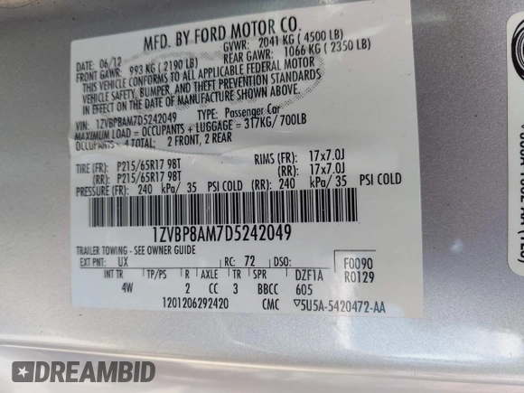 2013 Ford Mustang V6 with VIN 1ZVBP8AM7D5242049, listed as a IAAI auction lot 42629636 with 128,992 mi miles and . Bid and sale history available at DreamBid. Image 9.