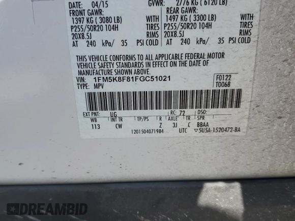 2015 Ford Explorer Limited with VIN 1FM5K8F81FGC51021, listed as a Copart auction lot 54855095 with Not Provided miles and Salvage Title. Bid and sale history available at DreamBid. Image 13.