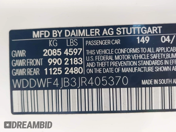 2018 Mercedes-Benz C 300 with VIN WDDWF4JB3JR405370, listed as a IAAI auction lot 41954821 with 36,907 mi miles and . Bid and sale history available at carsss.com. Image 9.