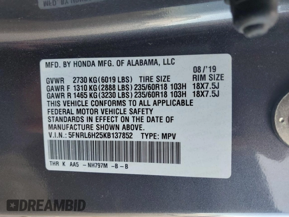 2019 Honda Odyssey LX with VIN 5FNRL6H25KB137852, listed as a Copart auction lot 47697705 with 73,529 mi miles and Salvage Title. Bid and sale history available at DreamBid. Image 15.