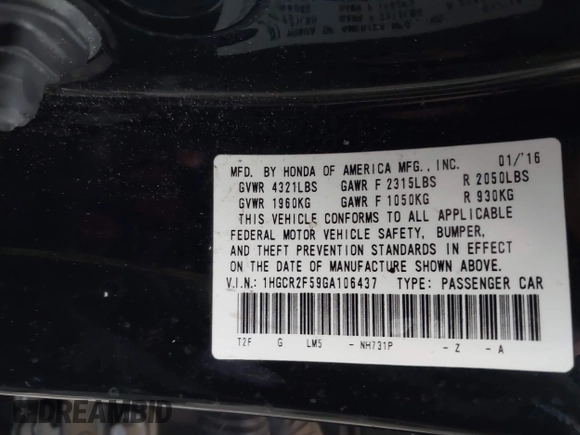 2016 Honda Accord Sport с VIN 1HGCR2F59GA106437, выставлен на аукционе IAAI как лот 41954884 с пробегом 128 895 миль миль и . История ставок и продаж доступна на DreamBid. Изображение 9.
