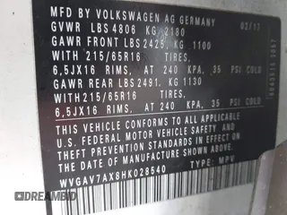 2017 Volkswagen Tiguan S with VIN WVGAV7AX8HK028540, listed as a IAAI auction lot 42256745 with 118,394 mi miles and . Bid and sale history available at DreamBid. Image 9.