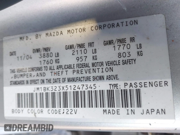 2005 Mazda 3 s with VIN JM1BK323X51247345, listed as a IAAI auction lot 41761337 with 156,060 mi miles. Bid and sale history available at carsss.com. Image 9.