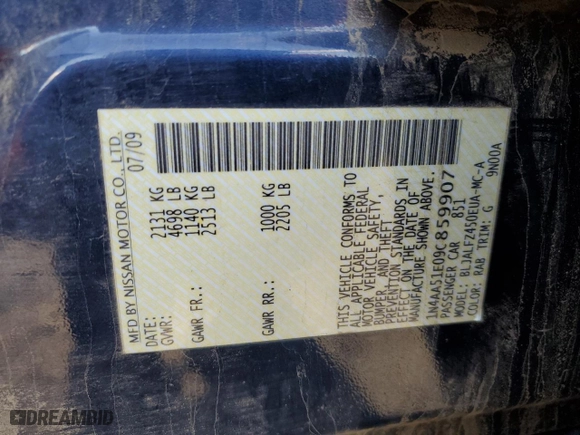 2009 Nissan Maxima 3.5 S with VIN 1N4AA51E09C859907, listed as a Copart auction lot 88718975 with 0 mi miles and Salvage Title. Bid and sale history available at carsss.com. Image 12.