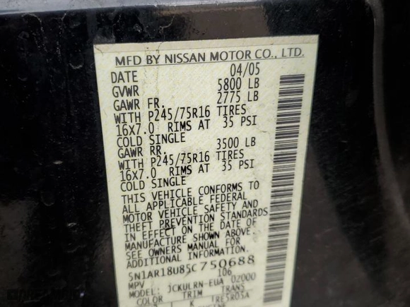 2005 Nissan Pathfinder XE with VIN 5N1AR18U85C750688, listed as a Copart auction lot 49744515 with 147,648 mi miles and Clean Title. Bid and sale history available at carsss.com. Image 13.