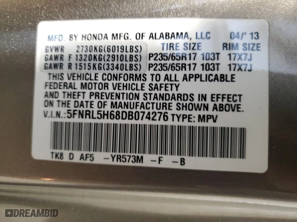 2013 Honda Odyssey EX-L with VIN 5FNRL5H68DB074276, listed as a Copart auction lot 50323735 with 154,620 mi miles and Salvage Title. Bid and sale history available at carsss.com. Image 13.
