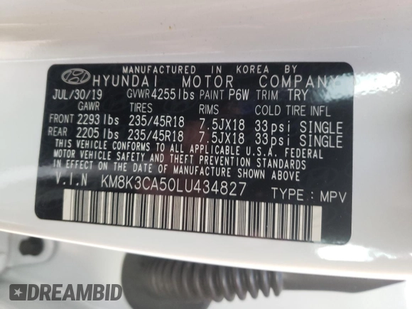 2020 Hyundai Kona Limited with VIN KM8K3CA50LU434827, listed as a Copart auction lot 69276332 with 6,019 mi miles. Bid and sale history available at carsss.com. Image 13.