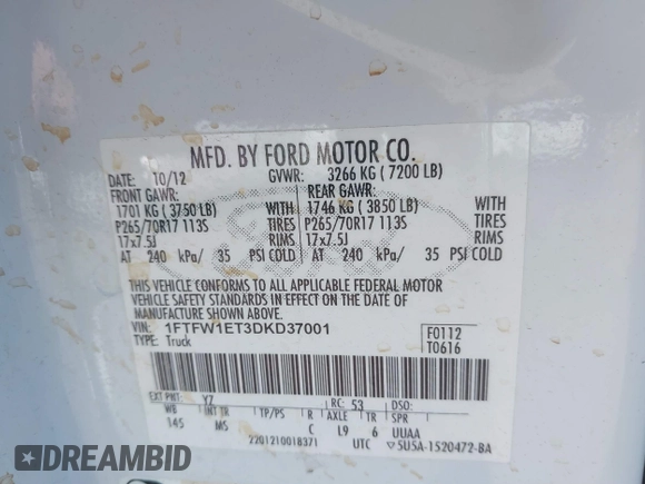 2013 Ford F-150 XL with VIN 1FTFW1ET3DKD37001, listed as a IAAI auction lot 41721169 with 137,271 mi miles. Bid and sale history available at carsss.com. Image 9.