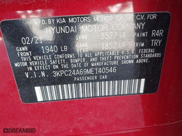 2021 Hyundai Accent SE with VIN 3KPC24A69ME140546, listed as a IAAI auction lot 41874525 with 57,569 mi miles. Bid and sale history available at carsss.com. Image 9.
