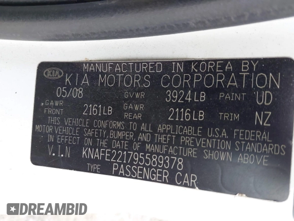 2009 Kia Spectra EX z VIN KNAFE221795589378, wystawiony jako IAAI lot #42202737 z przebiegiem 181 424 mil mil oraz . Historia ofert i sprzedaży dostępna na DreamBid. Obrazek 9.