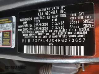 2024 Kia Sorento S z VIN 5XYRL4JC4RG273657, wystawiony jako Copart lot #58602295 z przebiegiem 13 150 mil mil oraz Szkoda całkowita • Salvage title. Historia ofert i sprzedaży dostępna na DreamBid. Obrazek 13.