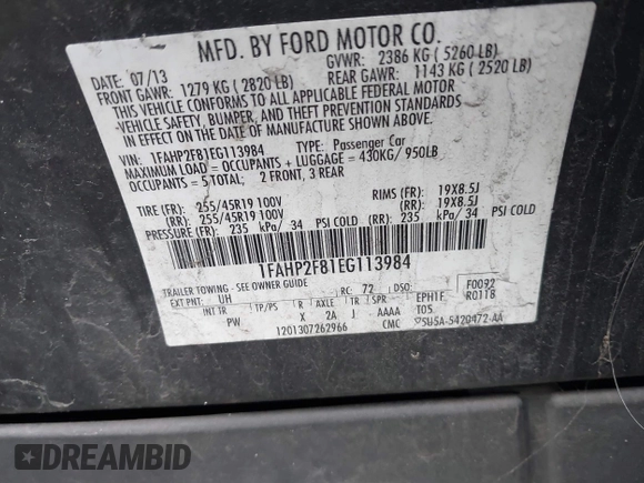 2014 Ford Taurus Limited with VIN 1FAHP2F81EG113984, listed as a IAAI auction lot 41542792 with 213,206 mi miles. Bid and sale history available at carsss.com. Image 9.