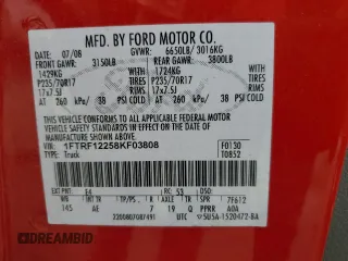 2008 Ford F-150 XL with VIN 1FTRF12258KF03808, listed as a Copart auction lot 59571875 with 101,561 mi miles and Salvage title. Bid and sale history available at DreamBid. Image 12.