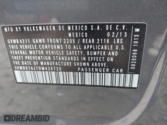 2013 Volkswagen Jetta SE with VIN 3VWDX7AJ7DM426720, listed as a IAAI auction lot 42366632 with 142,318 mi miles and . Bid and sale history available at DreamBid. Image 9.