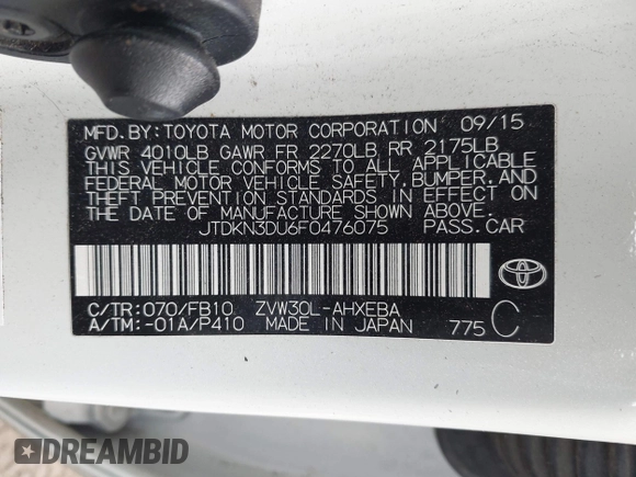 2015 Toyota Prius Four with VIN JTDKN3DU6F0476075, listed as a IAAI auction lot 41894290 with 245,861 mi miles. Bid and sale history available at carsss.com. Image 9.