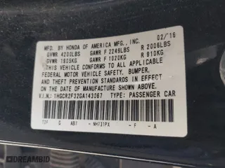2016 Honda Accord Sedan LX with VIN 1HGCR2F32GA143067, listed as a IAAI auction lot 41804496 with 186,547 mi miles. Bid and sale history available at carsss.com. Image 9.
