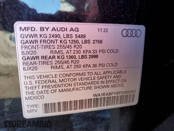 2023 Audi Q5 S line Premium Plus with VIN WA1EABFY8P2069068, listed as a Copart auction lot 80244404 with 15,253 mi miles and Salvage Title. Bid and sale history available at DreamBid. Image 13.