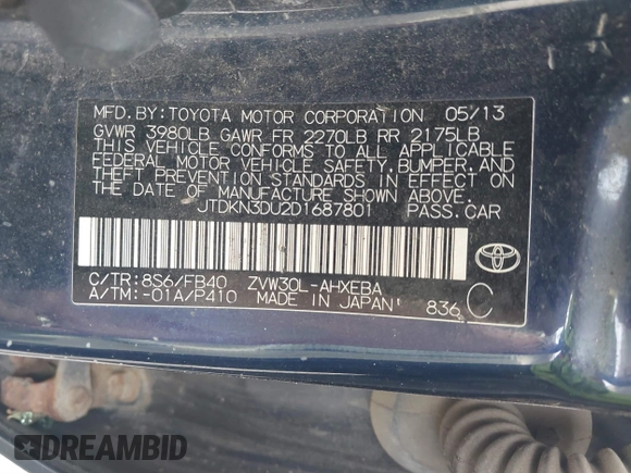 2013 Toyota Prius One with VIN JTDKN3DU2D1687801, listed as a IAAI auction lot 40650178 with 58,017 mi miles and . Bid and sale history available at DreamBid. Image 9.