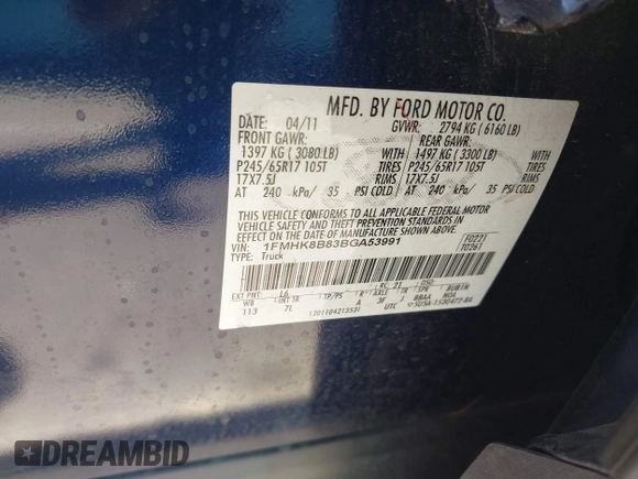 2011 Ford Explorer with VIN 1FMHK8B83BGA53991, listed as a IAAI auction lot 42506772 with 223,247 mi miles and . Bid and sale history available at DreamBid. Image 9.
