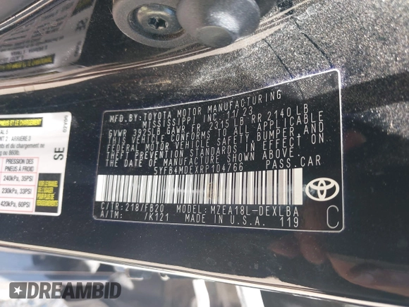 2024 Toyota Corolla LE с VIN 5YFB4MDEXRP104766, выставлен на аукционе IAAI как лот 42521879 с пробегом 39 513 миль миль и . История ставок и продаж доступна на DreamBid. Изображение 9.