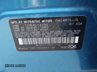 2024 Mitsubishi Mirage ES z VIN ML32FUFJ7RHF15743, wystawiony jako IAAI lot #42460558 z przebiegiem 5 931 mil mil oraz . Historia ofert i sprzedaży dostępna na DreamBid. Obrazek 9.