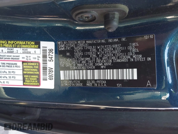 2011 Toyota Sienna LE AAS with VIN 5TDKK3DC4BS104838, listed as a IAAI auction lot 41811173 with 251,999 mi miles and . Bid and sale history available at carsss.com. Image 9.