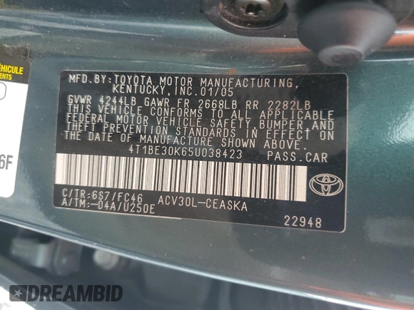 2005 Toyota Camry LE with VIN 4T1BE30K65U038423, listed as a Copart auction lot 64276255 with 182,686 mi miles and Salvage title. Bid and sale history available at DreamBid. Image 12.