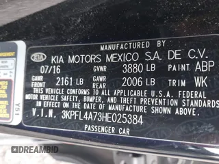 2017 Kia Forte S with VIN 3KPFL4A73HE025384, listed as a IAAI auction lot 42048291 with 120,016 mi miles and . Bid and sale history available at DreamBid. Image 9.