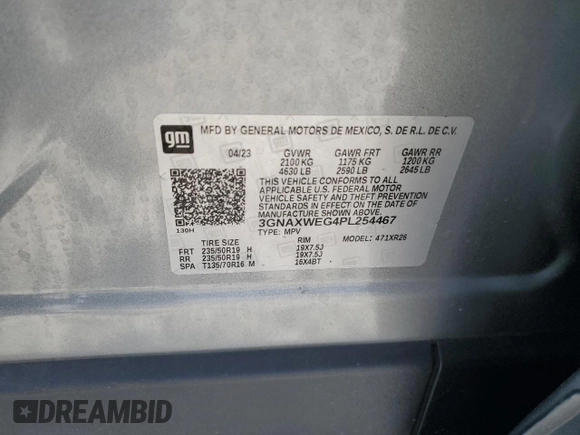 2023 Chevrolet Equinox RS with VIN 3GNAXWEG4PL254467, listed as a Copart auction lot 61818185 with 35,633 mi miles and Salvage title. Bid and sale history available at DreamBid. Image 13.