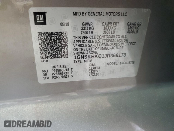 2018 Chevrolet Tahoe LT с VIN 1GNSKBKC1JR368178, выставлен на аукционе Copart как лот 60198975 с пробегом 127 651 миль миль и Списание • Salvage title. История ставок и продаж доступна на DreamBid. Изображение 13.