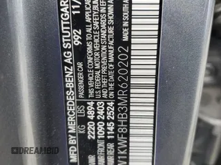 2021 Mercedes-Benz C with VIN W1KWF8HB3MR620202, listed as a Copart auction lot 46827165 with Not Provided miles and Salvage Title. Bid and sale history available at DreamBid. Image 12.
