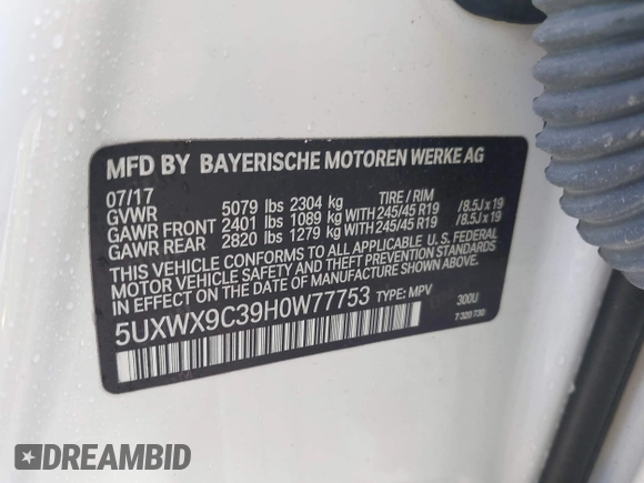 2017 BMW X3 xDrive28i with VIN 5UXWX9C39H0W77753, listed as a IAAI auction lot 42130802 with 76,854 mi miles and . Bid and sale history available at DreamBid. Image 9.