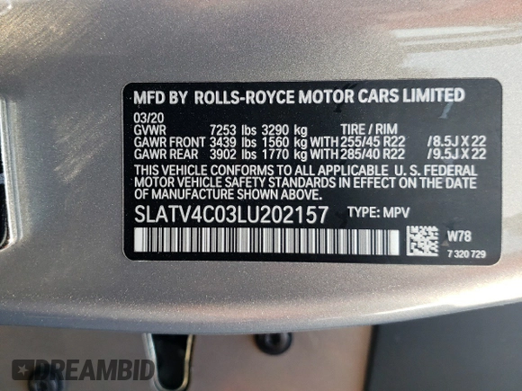 2020 Rolls-Royce Cullinan z VIN SLATV4C03LU202157, wystawiony jako Copart lot #51245311 z przebiegiem Nie podano mil oraz Szkoda całkowita • Salvage title. Historia ofert i sprzedaży dostępna na DreamBid. Obrazek 10.