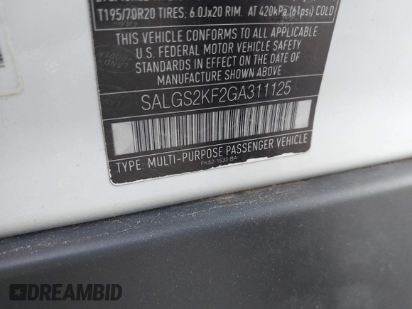 2016 Land Rover Range Rover HSE with VIN SALGS2KF2GA311125, listed as a IAAI auction lot 41800101 with 102,140 mi miles and . Bid and sale history available at DreamBid. Image 9.