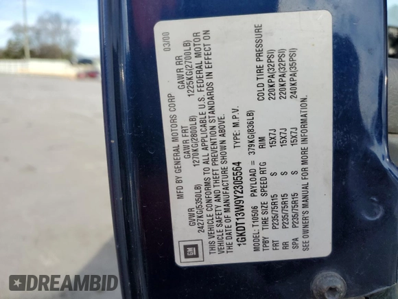 2000 GMC Jimmy Diamond Edition Luxury z VIN 1GKDT13W9Y2305564, wystawiony jako Copart lot #49488665 z przebiegiem 256 410 mil mil oraz Szkoda całkowita • Salvage title. Historia ofert i sprzedaży dostępna na DreamBid. Obrazek 14.