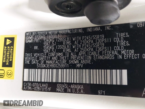 2013 Toyota Highlander Limited with VIN 5TDDK3EH9DS259911, listed as a IAAI auction lot 42350627 with 195,450 mi miles and . Bid and sale history available at DreamBid. Image 9.