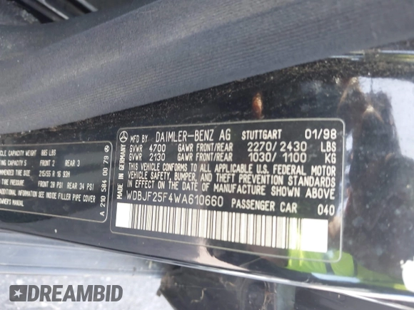 1998 Mercedes-Benz E 320 with VIN WDBJF25F4WA610660, listed as a IAAI auction lot 41671688 with 476,486 mi miles and . Bid and sale history available at DreamBid. Image 9.