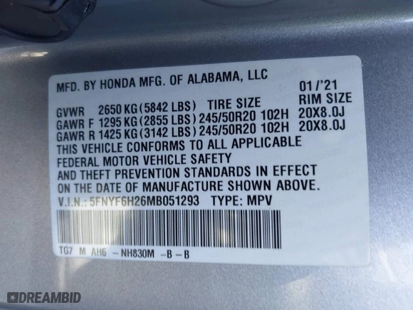 2021 Honda Pilot Special Edition with VIN 5FNYF6H26MB051293, listed as a IAAI auction lot 40665142 with 75,119 mi miles. Bid and sale history available at carsss.com. Image 9.