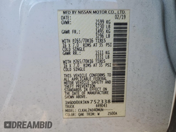 2019 Nissan Frontier Desert Runner z VIN 1N6DD0ER3KN752338, wystawiony jako Copart lot #73179324 z przebiegiem 126 955 mil mil oraz Szkoda całkowita • Salvage title. Historia ofert i sprzedaży dostępna na DreamBid. Obrazek 13.