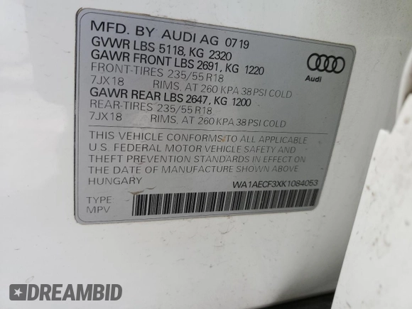 2019 Audi Q3 Premium with VIN WA1AECF3XK1084053, listed as a Copart auction lot 67948242 with 39,954 mi miles. Bid and sale history available at carsss.com. Image 15.