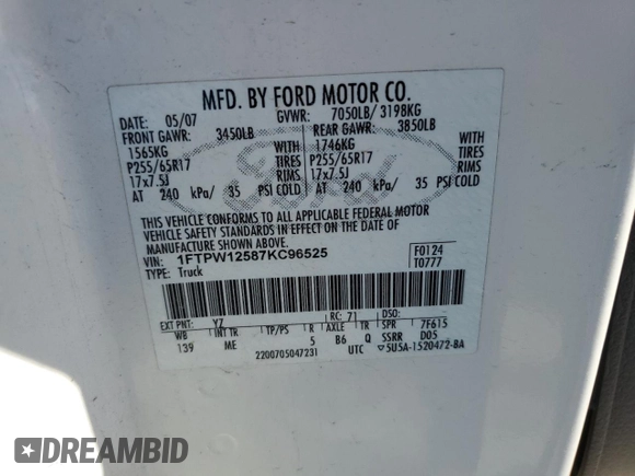 2007 Ford F-150 XLT z VIN 1FTPW12587KC96525, wystawiony jako Copart lot #53736405 z przebiegiem 168 482 mil mil oraz Czysty tytuł • Clean title. Historia ofert i sprzedaży dostępna na DreamBid. Obrazek 12.