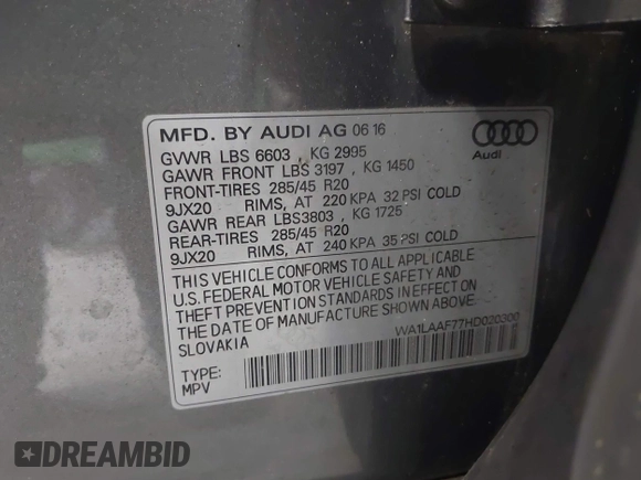 2017 Audi Q7 Premium Plus with VIN WA1LAAF77HD020300, listed as a IAAI auction lot 42520663 with 113,115 mi miles and . Bid and sale history available at DreamBid. Image 9.