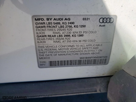 2021 Audi Q5 Premium Plus with VIN WA1BAAFYXM2067329, listed as a Copart auction lot 48824445 with 21,210 mi miles and Salvage Title. Bid and sale history available at carsss.com. Image 14.
