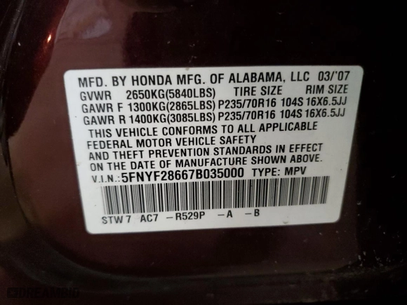 2007 Honda Pilot EX-L with VIN 5FNYF28667B035000, listed as a Copart auction lot 46336485 with 206,341 mi miles and Salvage Title. Bid and sale history available at carsss.com. Image 15.