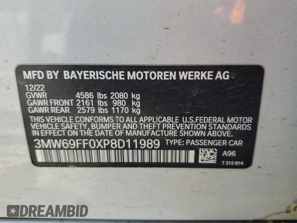2023 BMW 3 Series 330i with VIN 3MW69FF0XP8D11989, listed as a Copart auction lot 54896825 with Not provided miles and Salvage title. Bid and sale history available at DreamBid. Image 12.