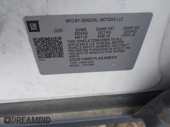 2020 Chevrolet Bolt EV LT with VIN 1G1FY6S07L4145819, listed as a IAAI auction lot 42098994 with 50,456 mi miles and . Bid and sale history available at DreamBid. Image 9.